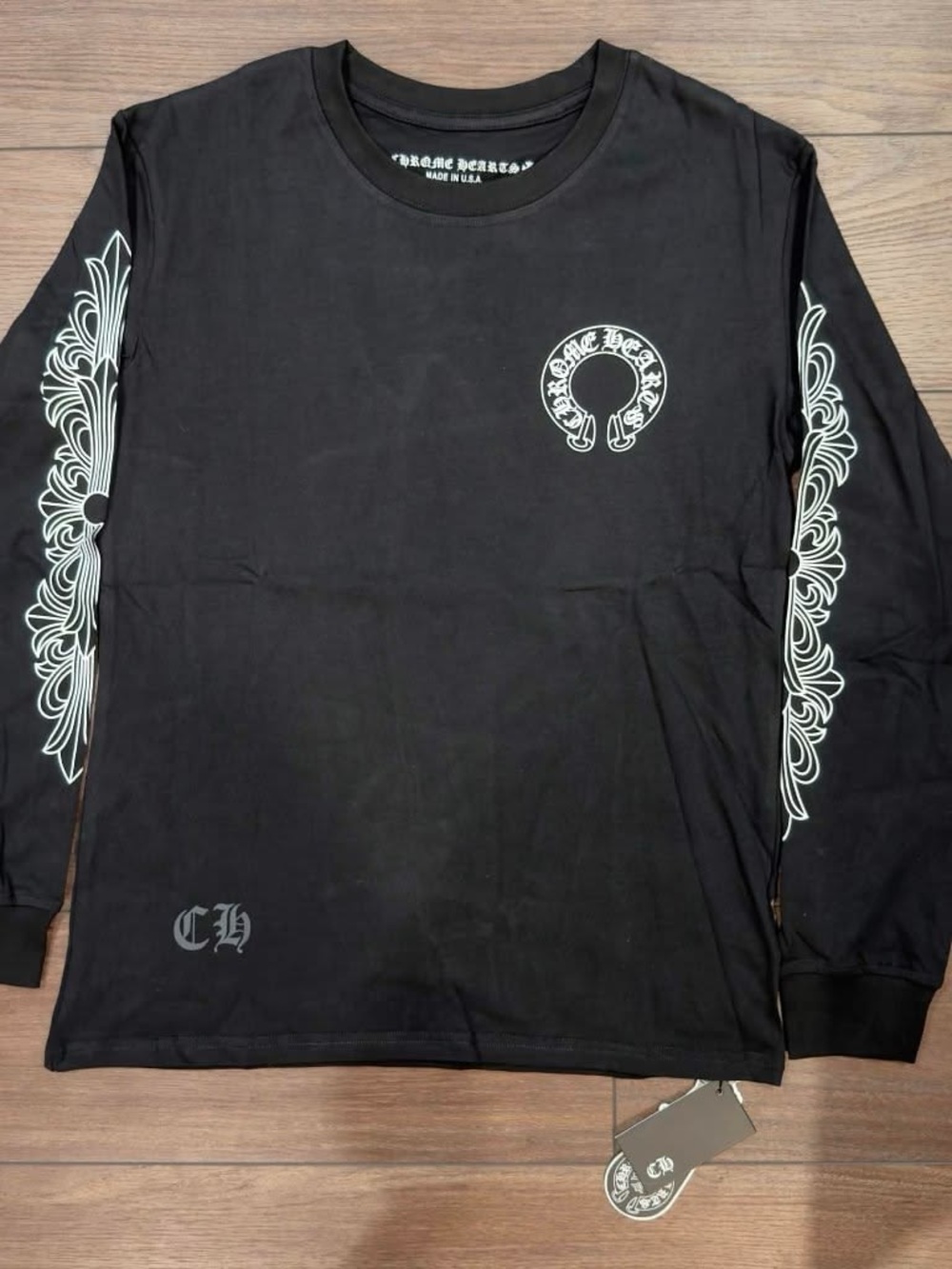 Chrome Hearts Black Long Sleeve Tee with White Sleeve Motif